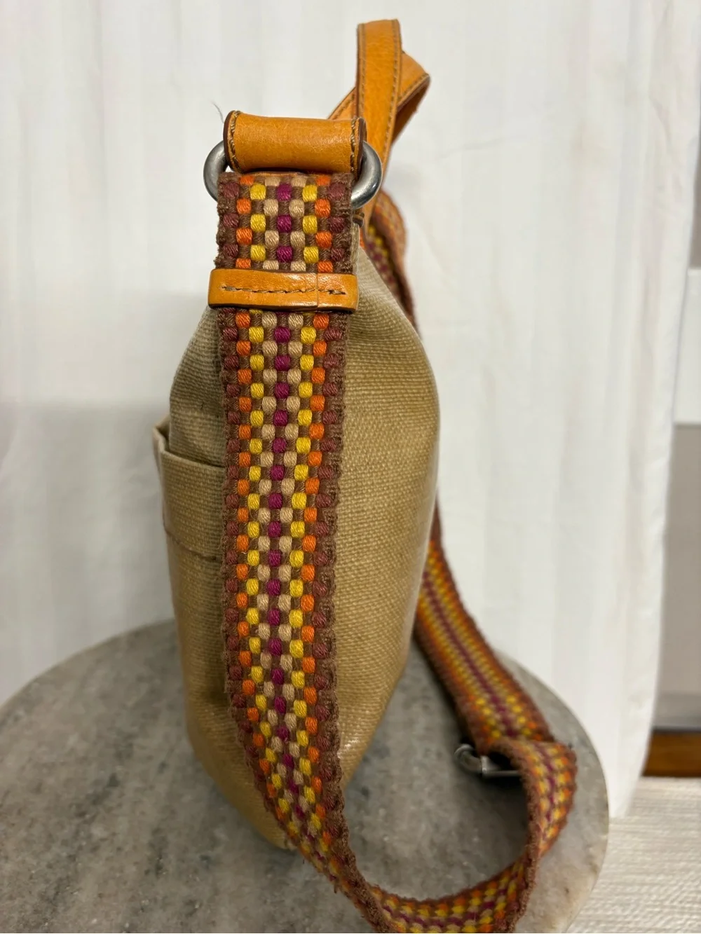 Fossil Tan Canvas Tote with Leather Trim and Multicolor Woven Strap